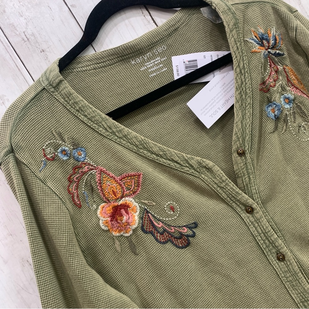 New Karyn Seo M Knit Tove Thermal Jacket Boho Embroidery Cardigan 100% Cotton - Picture 8 of 16